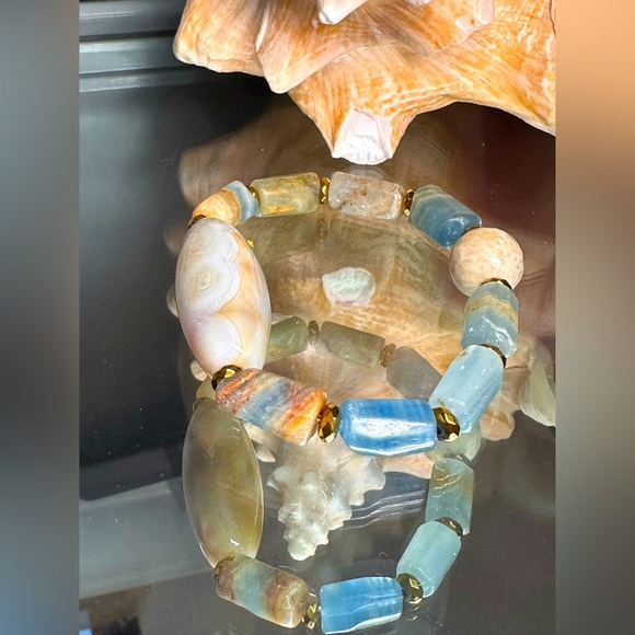 LEMURIAN AQUATINE BARRELS + MUSHROOM JASPER NATURAL STONES BRACELET size 7” - Picture 5 of 12